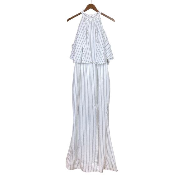 C/MEO Collective White Pinstripe Sleeveless Halter Side Slit Maxi Formal Dress - Picture 7 of 11